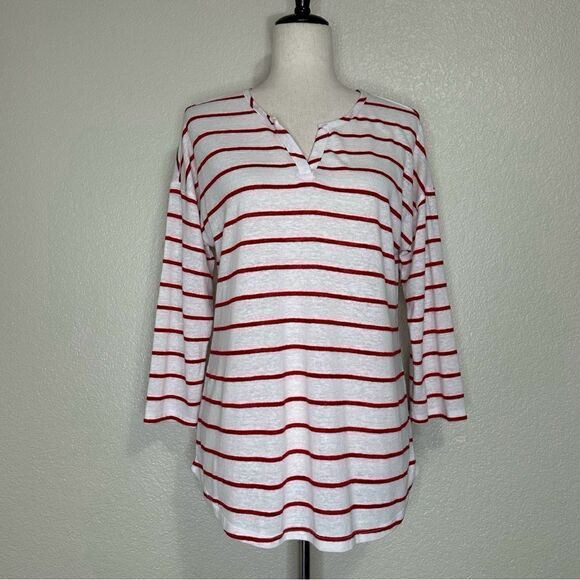 Liz Claiborne Linen Blend Red White Stripe 3/4 Sleeves Top - Picture 1 of 12